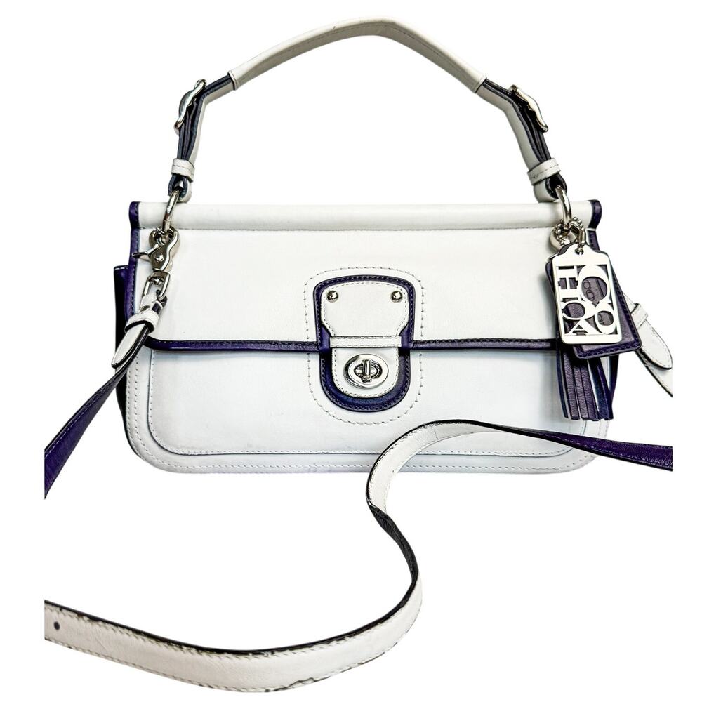 Coach Legacy City Willis 23703 White Purple Leather Turnlock Crossbody Satchel